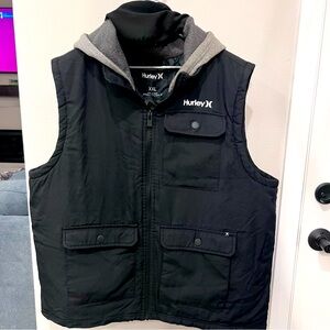 Hurley Lined Hooded Vest, Black Nylon Utility Pockets, Full Zip, Face Mask (XXL)